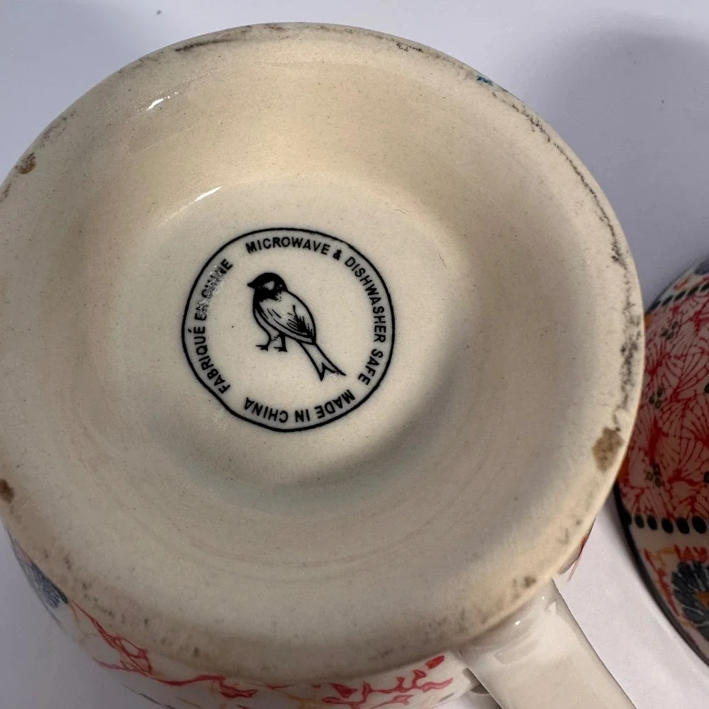 Anthropologie Bird Logo Footed‎ Mugs Set of 2 Multicolor Folk Art Ceramic Cups - Picture 6 of 6